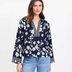 LOFT Navy and White Floral Easy Split Neck Top size XS